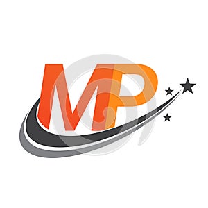 initial letter MP logotype company name colored orange and grey swoosh star design. vector logo for business and company identity