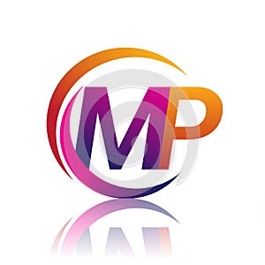 initial letter MP logotype company name orange and magenta color on circle and swoosh design. vector logo for business and company