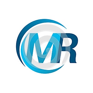 initial letter MR logotype company name blue circle and swoosh design. vector logo for business and company identity