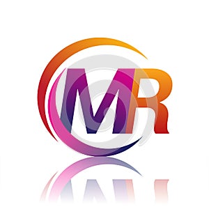 initial letter MR logotype company name orange and magenta color on circle and swoosh design. vector logo for business and company