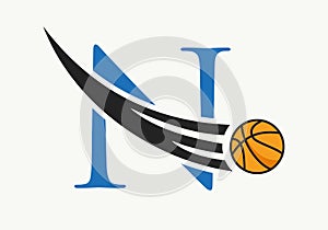 Initial Letter N Basketball Logo Concept With Moving Basketball Icon. Basket Ball Logotype Symbol Vector Template
