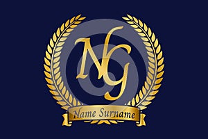 Initial letter N and G, NG monogram logo design with laurel wreath. Luxury golden calligraphy font