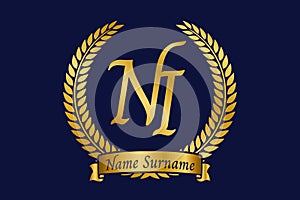 Initial letter N and I, NI monogram logo design with laurel wreath. Luxury golden calligraphy font photo