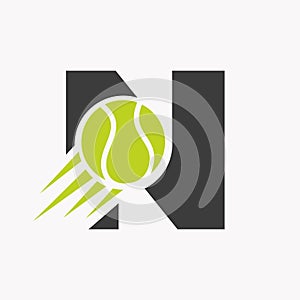 Initial Letter N Tennis Logo Concept With Moving Tennis Ball Icon. Tennis Sports Logotype Symbol Vector Template