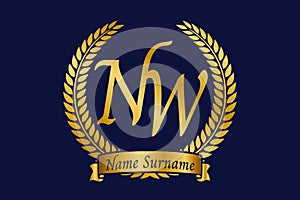 Initial letter N and W, NW monogram logo design with laurel wreath. Luxury golden calligraphy font