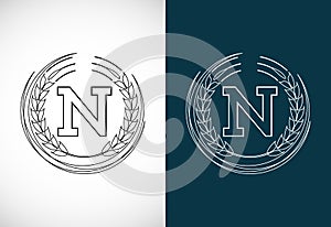 Initial letter N with wheat wreath. Organic wheat farming logo design concept. Agriculture logo