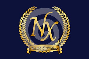 Initial letter N and X, NX monogram logo design with laurel wreath. Luxury golden calligraphy font photo