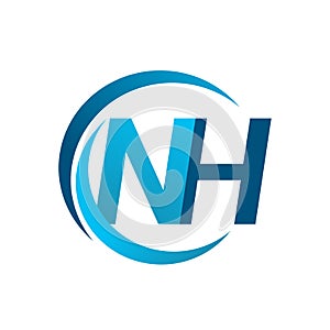 initial letter NH logotype company name blue circle and swoosh design. vector logo for business and company identity