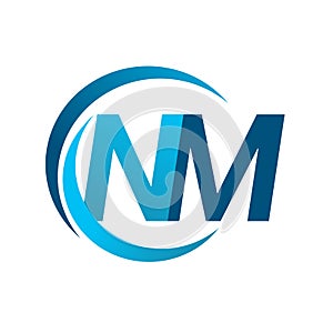 initial letter NM logotype company name blue circle and swoosh design. vector logo for business and company identity