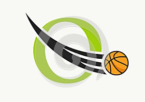 Initial Letter O Basketball Logo Concept With Moving Basketball Icon. Basket Ball Logotype Symbol Vector Template