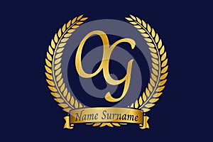 Initial letter O and G, OG monogram logo design with laurel wreath. Luxury golden calligraphy font photo