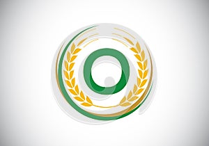 Initial letter O sign symbol with wheat ears wreath. Organic wheat farming logo design concept. Agriculture logo design vector