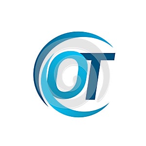 initial letter OT logotype company name blue circle and swoosh design. vector logo for business and company identity