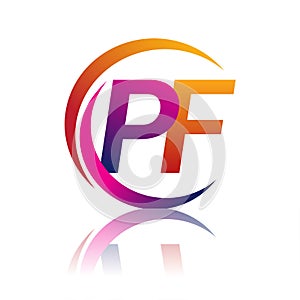 initial letter PF logotype company name orange and magenta color on circle and swoosh design. vector logo for business and company