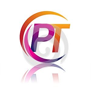 initial letter PT logotype company name orange and magenta color on circle and swoosh design. vector logo for business and company