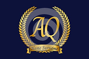 Initial letter A and Q, AQ monogram logo design with laurel wreath. Luxury golden calligraphy font