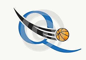 Initial Letter Q Basketball Logo Concept With Moving Basketball Icon. Basket Ball Logotype Symbol Vector Template