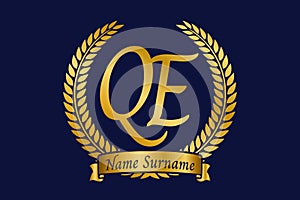 Initial letter Q and E, QE monogram logo design with laurel wreath. Luxury golden calligraphy font photo