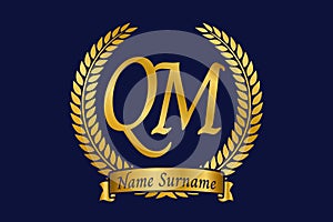 Initial letter Q and M, QM monogram logo design with laurel wreath. Luxury golden calligraphy font photo