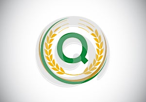 Initial letter Q sign symbol with wheat ears wreath. Organic wheat farming logo design concept. Agriculture logo design vector