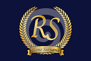 Initial letter R and S, RS monogram logo design with laurel wreath. Luxury golden calligraphy font