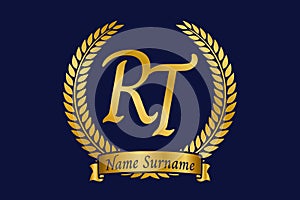Initial letter R and T, RT monogram logo design with laurel wreath. Luxury golden calligraphy font