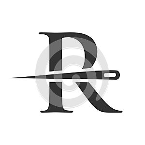 Initial Letter R Tailor Logo, Needle and Thread Combination for Embroider, Textile, Fashion, Cloth, Fabric Template