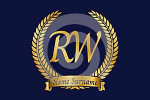 Initial letter R and W, RW monogram logo design with laurel wreath. Luxury golden calligraphy font