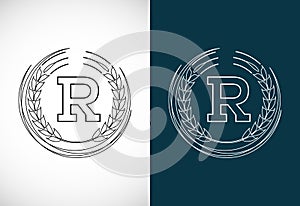 Initial letter R with wheat wreath. Organic wheat farming logo design concept. Agriculture logo