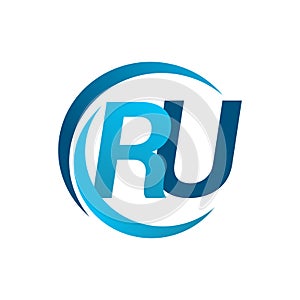 initial letter RU logotype company name blue circle and swoosh design. vector logo for business and company identity