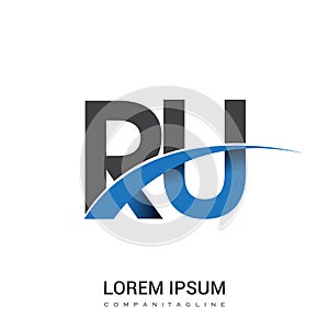 initial letter RU logotype company name colored blue and grey swoosh design. vector logo for business and company identity