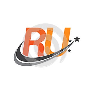 initial letter RU logotype company name colored orange and grey swoosh star design. vector logo for business and company identity