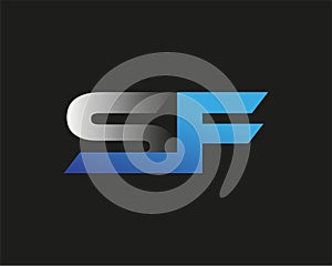 initial letter SF logotype company name colored blue and silver swoosh design. isolated on black background.