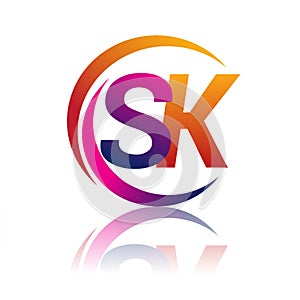 initial letter SK logotype company name orange and magenta color on circle and swoosh design. vector logo for business and company