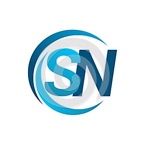 initial letter SN logotype company name blue circle and swoosh design. vector logo for business and company identity
