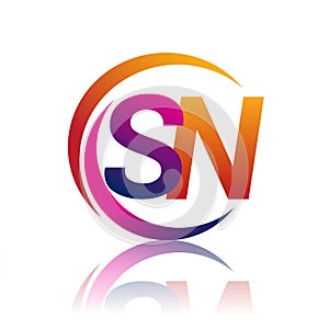 initial letter SN logotype company name orange and magenta color on circle and swoosh design. vector logo for business and company