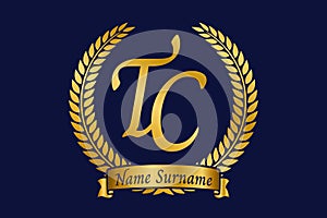 Initial letter T and C, TC monogram logo design with laurel wreath. Luxury golden calligraphy font