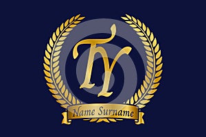 Initial letter T and Y, TY monogram logo design with laurel wreath. Luxury golden calligraphy font