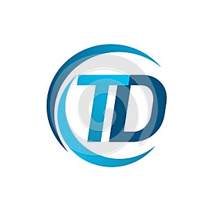 initial letter TD logotype company name blue circle and swoosh design. vector logo for business and company identity