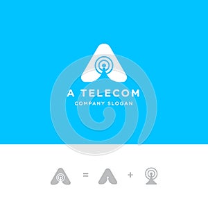 Initial A letter for Tower signal antenna logo and radio signal wave. premium vector illustration