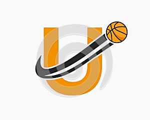 Initial Letter U Basketball Logo Concept With Moving Basketball Icon. Basket Ball Logotype Symbol