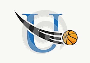 Initial Letter U Basketball Logo Concept With Moving Basketball Icon. Basket Ball Logotype Symbol Vector Template
