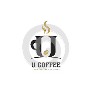 Initial letter U hot black coffee cup logo icon. Simple premium coffee shop logo