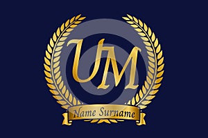 Initial letter U and M, UM monogram logo design with laurel wreath. Luxury golden calligraphy font photo