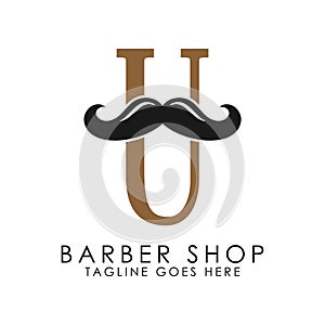 Initial Letter U Mustache Logo Design. Alphabet U Barber Shop Icon