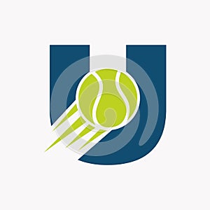 Initial Letter U Tennis Logo Concept With Moving Tennis Ball Icon. Tennis Sports Logotype Symbol Vector Template