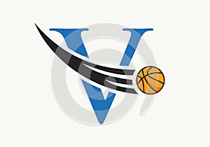 Initial Letter V Basketball Logo Concept With Moving Basketball Icon. Basket Ball Logotype Symbol Vector Template