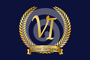 Initial letter V and I, VI monogram logo design with laurel wreath. Luxury golden calligraphy font