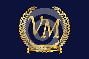 Initial letter V and M, VM monogram logo design with laurel wreath. Luxury golden calligraphy font
