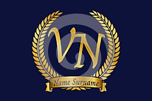 Initial letter V and N, VN monogram logo design with laurel wreath. Luxury golden calligraphy font